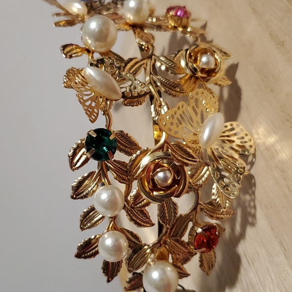 Goldtone Rhinestones faux pearls roses and butterflies headband NWT wedding prom - Picture 7 of 9